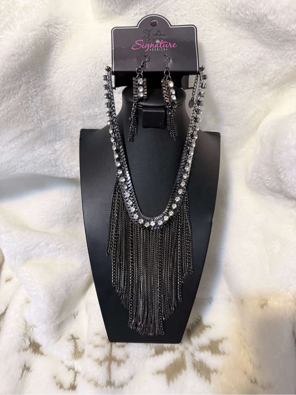 paparazzi Black and Silver Crystal Fringe Necklace with Earrings